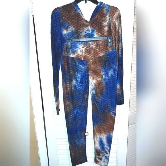 Women's Honeycomb Bubble Texture Tie Dye Butt Lift Activewear Sweatsuit Hooded M - Picture 4 of 10